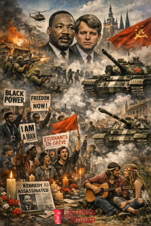 1968_-Huzur-ve-Devrimin-Çatışması. Gorsel Kirmizi Fincan Icin AI ile sanatsal olarak yorumlanmistir.